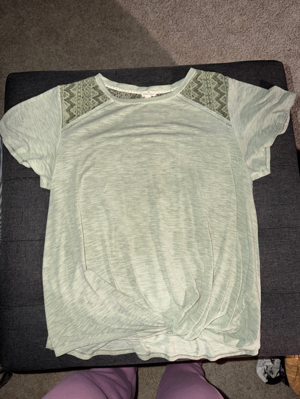 Women’s Light Mint Short Sleeve Knit Top with Lace Yoke and Front Knot